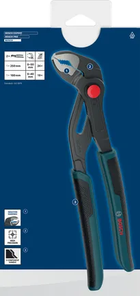 Bosch water pump pliers set with quick adjustment button.