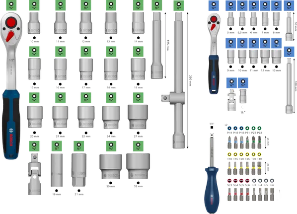 Bosch 1/4" + 1/2" ratchet set 80 pieces with sockets and bits.