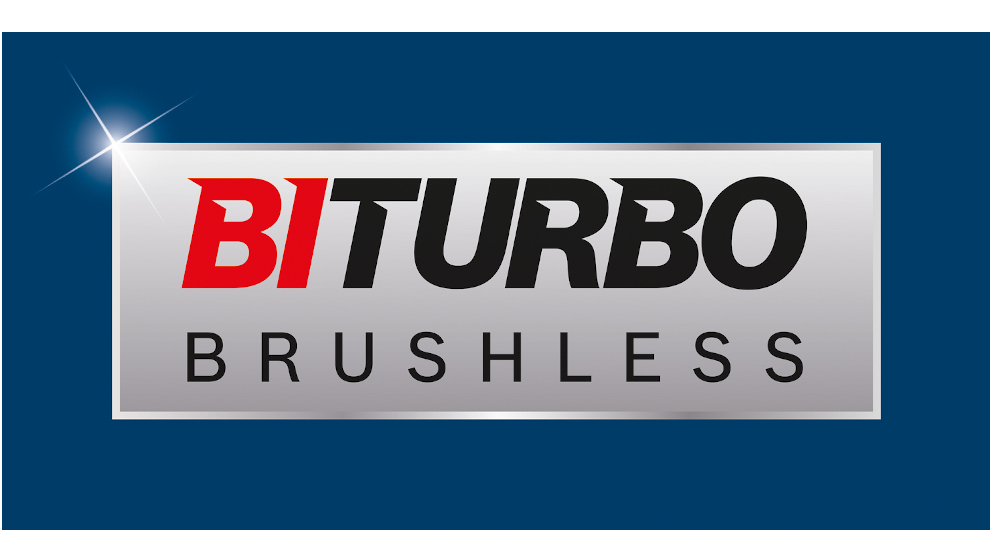 Logo BITURBO BRUSHLESS op een blauwe achtergrond, met rode en zwarte letters, modern ontwerp.