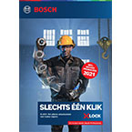 Een arbeider in een zwart uniform en een gele helm, met Bosch-gereedschap naast een machine.