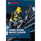 Een man met een gele helm gebruikt een Bosch-gereedschap op een bouwplaats.