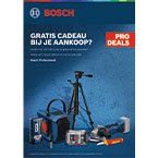 Een advertentie met Bosch gereedschap, waaronder een statief, gereedschapskoffer en meer.