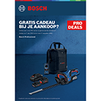 Een Bosch Professional gereedschapsset op een blauwe achtergrond, met een tas, accu en een snoeischaar.