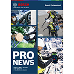 Vier afbeeldingen van Bosch Professional gereedschappen: een boor, een snoeischaar, een accuboormachine en een laserafstandsmeter. De tools zijn op een werkplek, met een blauwe achtergrond en de tekst 'PRO NEWS'.