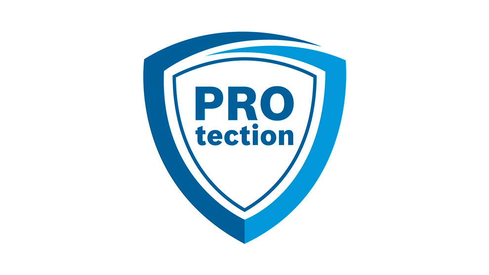 Logo Bosch Professional, een blauw schild met het woord "PROtectie" in zwarte letters.