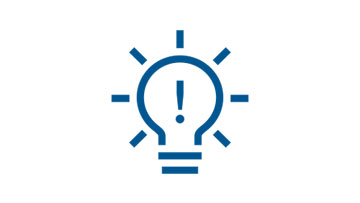 Blauwe gloeilampicoon met een uitroepteken, op een witte achtergrond.