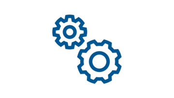 Twee blauwe tandwielen die in elkaar grijpen op een witte achtergrond, symboliserend de mechanica en technologie.