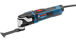 Een zwart-blauwe Bosch Professional multitool ligt op een witte achtergrond.