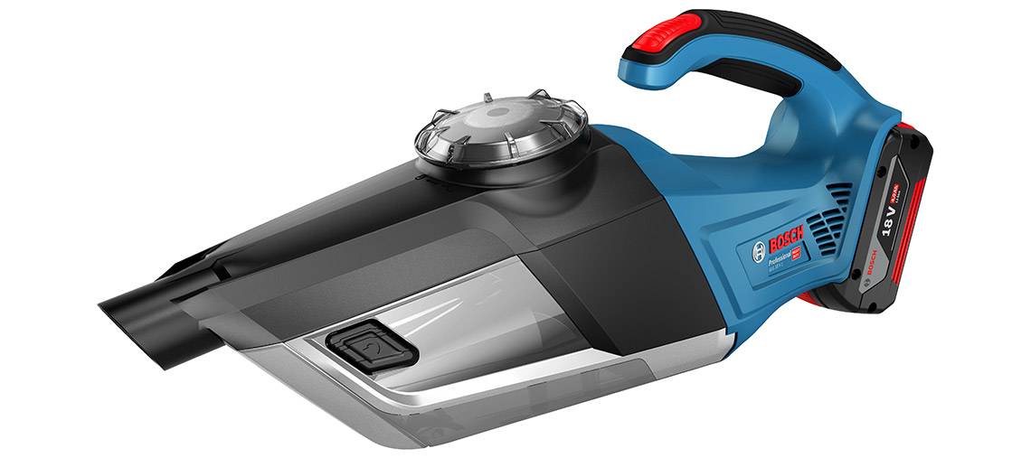 Bosch Professional stofzuiger in blauw en zwart, met een ergonomisch ontwerp en een rode handgreep.