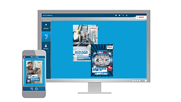 Een smartphone en monitor tonen Bosch Professional gereedschap op een blauwe achtergrond.