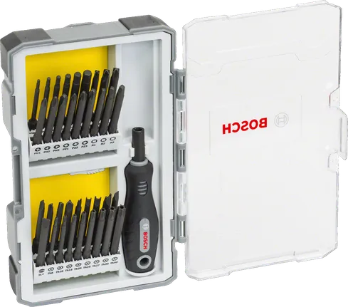 Bosch 37-delige schroevendraaierset met handgreep en bithouder.