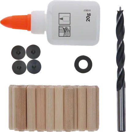 Bosch deuvelset met boor, lijm en houten deuvels.