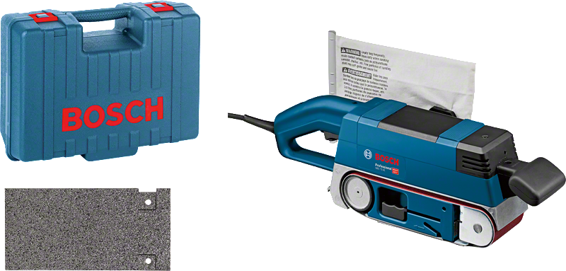 Bosch GBS 75 AE bandschuurmachine met stofzak en draagtas.