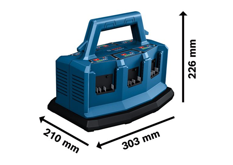 Bosch GAL 18V6-80 lader met zes accuvakken.
