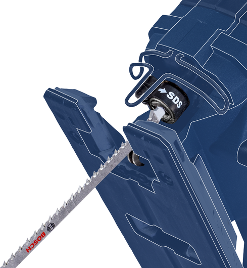 Een decoupeerzaagblad wordt in een elektrisch gereedschap met een SDS-snelwisselmechanisme geplaatst.