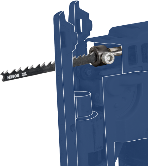 Een zaagblad beweegt door een gedeeltelijk transparante behuizing, waardoor het interne mechanisme zichtbaar is.