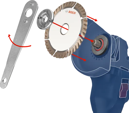 Afbeelding van een diamantzaagblad en vergrendelingsgereedschapsmontage voor een draagbare elektrische slijpmachine.