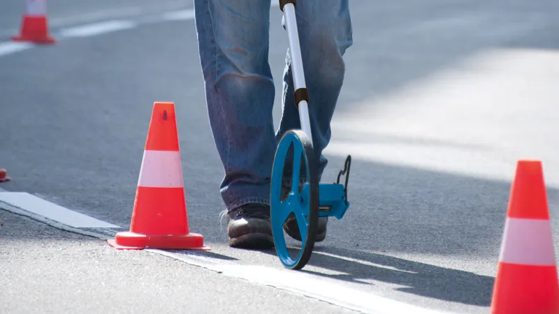 Een persoon gebruikt een meetwiel om de afstand tot de weg te controleren naast oranje verkeerskegels.
