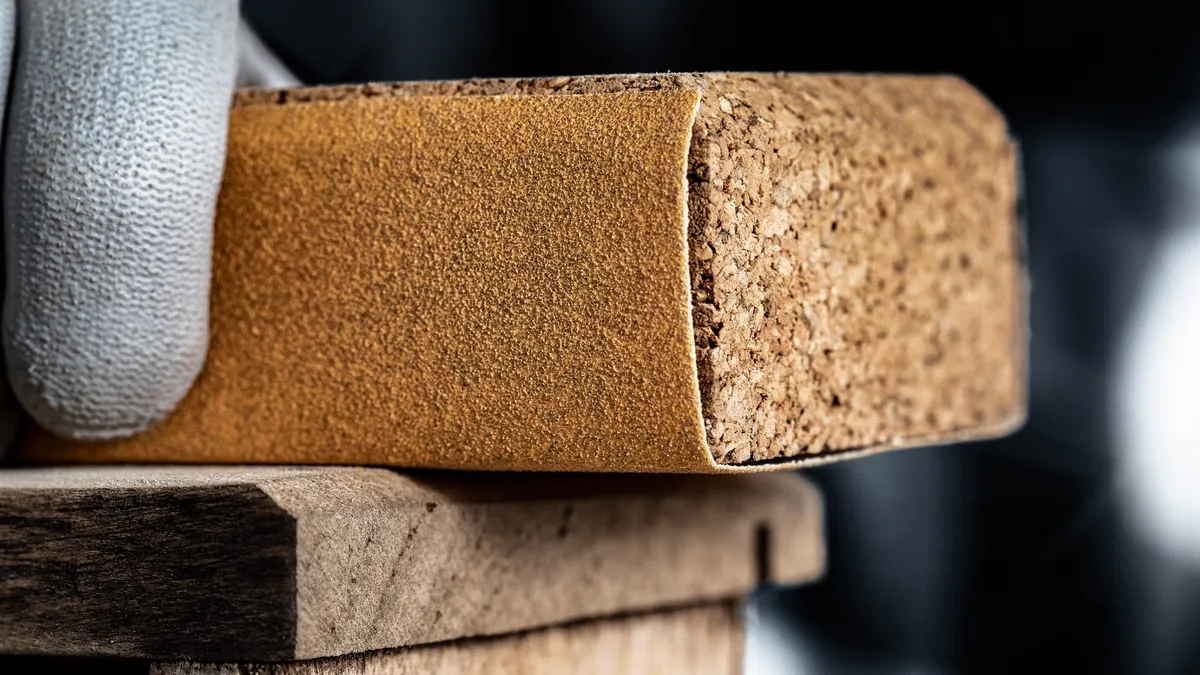 Persoon die veiligheidsuitrusting draagt en hout schuurt met een schuurblok.