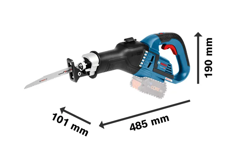 Bosch GSA 18V-32 accu-reciprozaag met afmetingen.