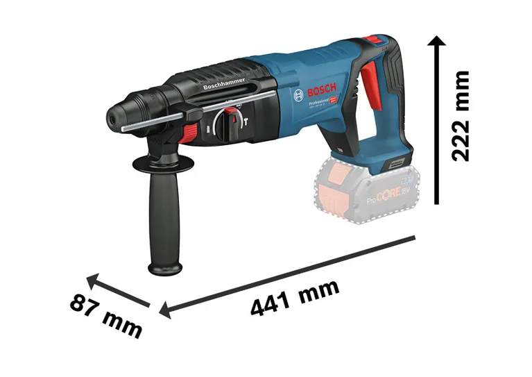Bosch GBH 18V-26 D roterende hamer met handvat en afmetingen.