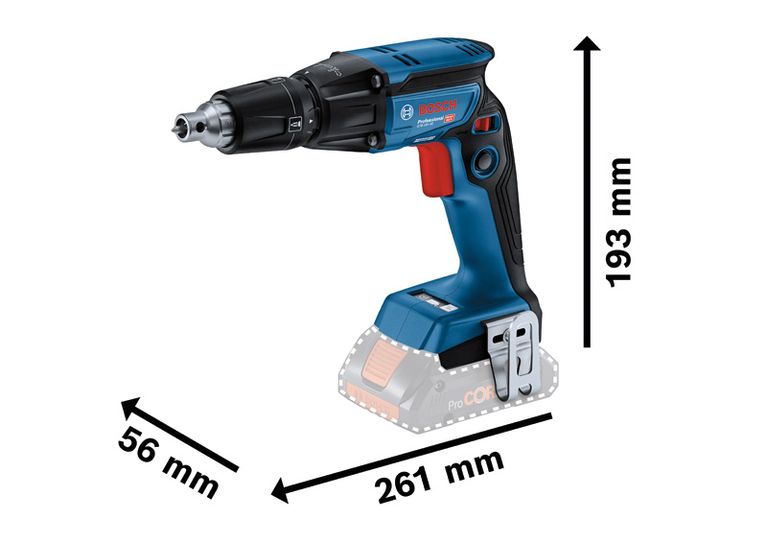 Bosch GTB 18V-45 accuschroevendraaier met afmetingen.