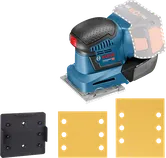 Bosch GSS 18V-10 accu-excenterschuurmachine met schuurbladen.