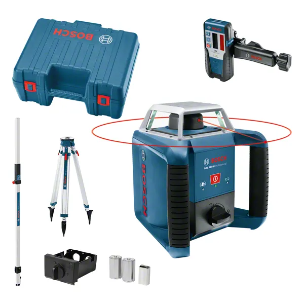 Bosch GRL 400 H laserwaterpas met statief en accessoires.