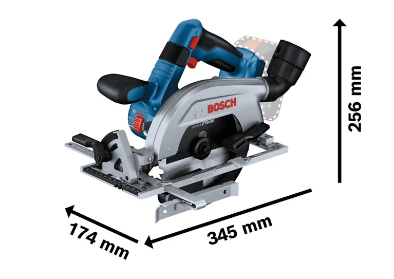 Bosch GKS 18V-57-2 L accucirkelzaag met afmetingen.