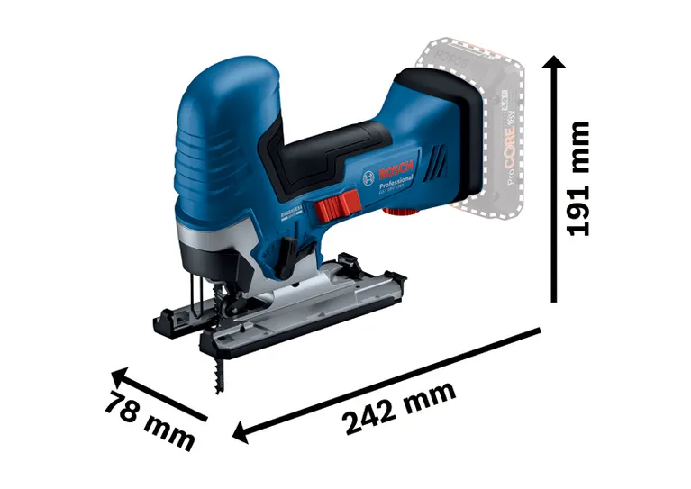 Bosch GST 18V-125 S accu-decoupeerzaag met afmetingen.