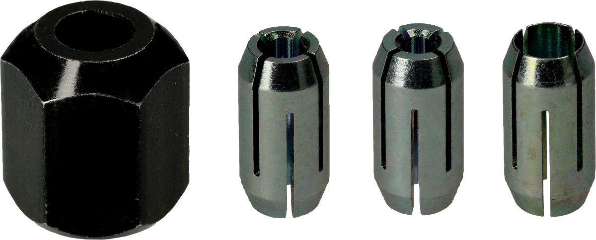 Bosch spantangset met diameters van 1/4, 1/8, 5/32 inch.