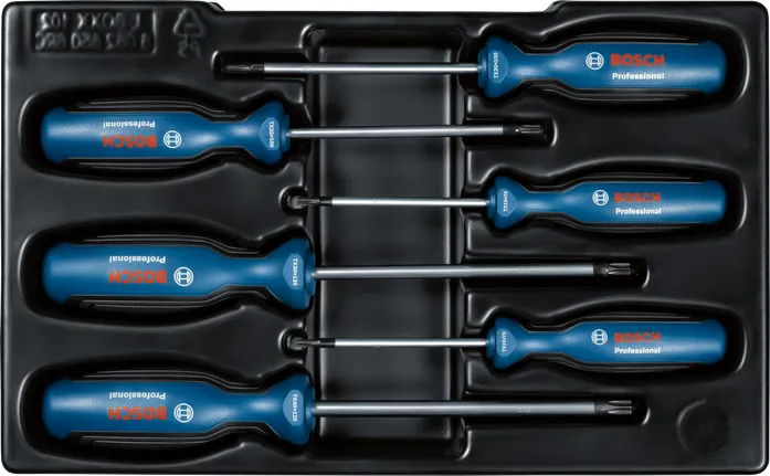 Bosch 6-delige TX schroevendraaierset in open opbergbak.