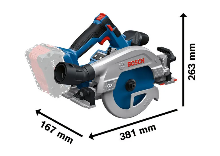 Bosch GKS 18V-57-2 GX accu cirkelzaag met afmetingen.
