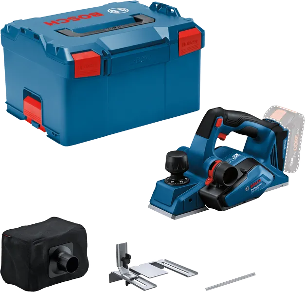 Bosch GHO 18V-26 accu schaafmachine met accessoires.