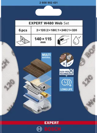 Bosch EXPERT W480 handschuurvellenset, 6 korrelgroottes.