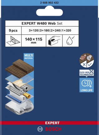 Bosch EXPERT W480 Web 1/4 handschuurvellenset voor diverse materialen.