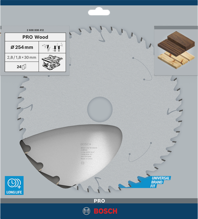 Bosch PRO houtcirkelzaagblad 254 mm voor snel houtzagen.