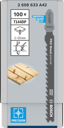 Bosch PRO Wood precisie T144DP decoupeerzaagblad voor schone houtsneden.