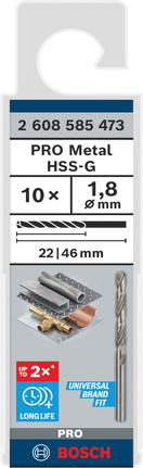 Bosch PRO Metal HSS-G 1,8 mm spiraalboor, verpakking van 10 stuks.