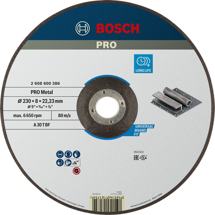 Bosch PRO metaalgebonden slijpschijf 230x8x22,23 mm.