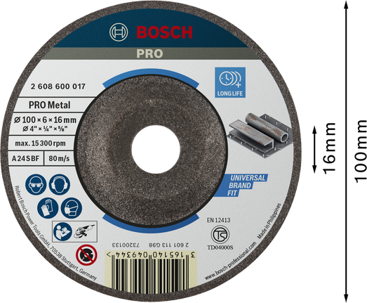 Bosch PRO metaalslijpschijf 100 x 6 x 16 mm voor een lange levensduur.