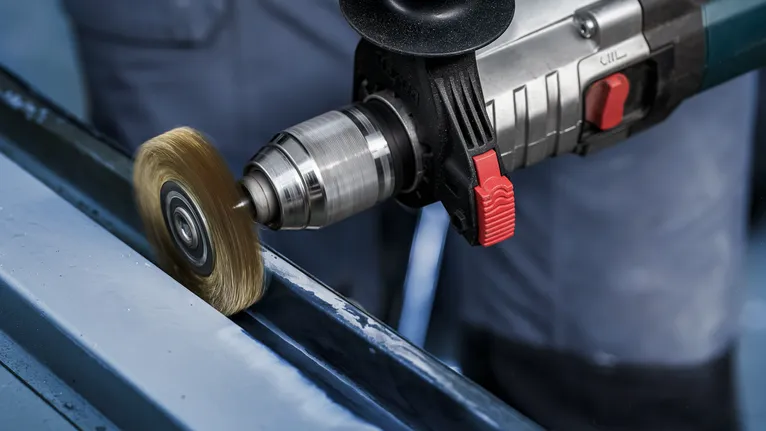 Persoon die een elektrisch gereedschap met een staalborstel gebruikt om een metalen oppervlak schoon te maken.
