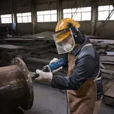 Een persoon die veiligheidsuitrusting draagt, slijpt een metalen pijpflens met een rechte slijper.