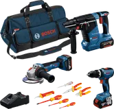 Bosch gereedschapskist met boormachine, haakse slijper, boorhamer en handgereedschap.