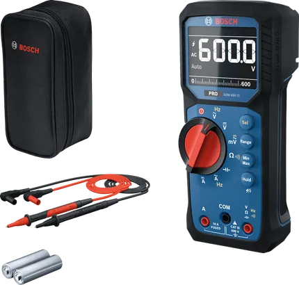 Bosch GDM 600-15 digitale multimeter met meetsondes en koffer.