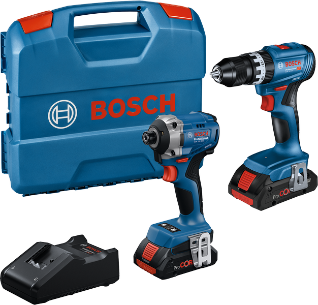 Bosch 18V 2-gereedschapscombinatieset met boormachine, slagschroevendraaier en koffer.
