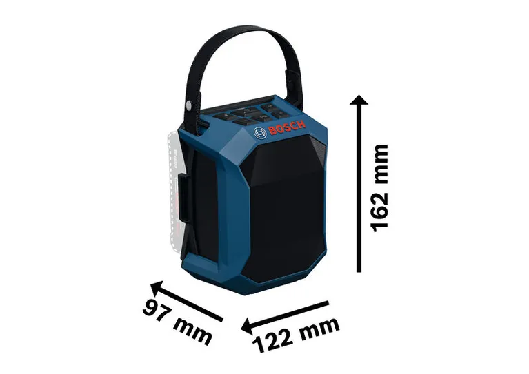 Bosch GPB 18V-1 bouwplaatsradio met handgreep en afmetingen.