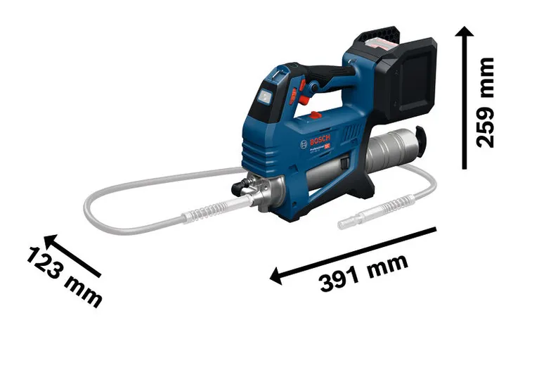 Bosch GFP 18V-10 snoerloos vetspuitpistool met de afgebeelde afmetingen.