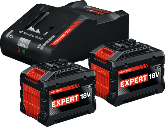 Bosch startset met twee 18V 15Ah accu's en lader.