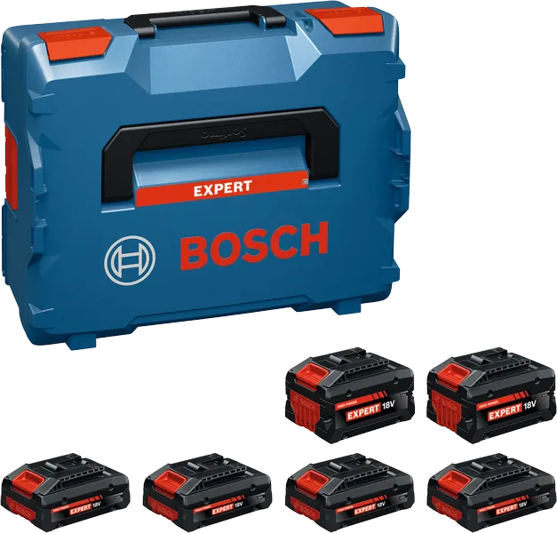 Bosch accuset met 4x EXBA18V-40 en 2x EXBA18V-80.